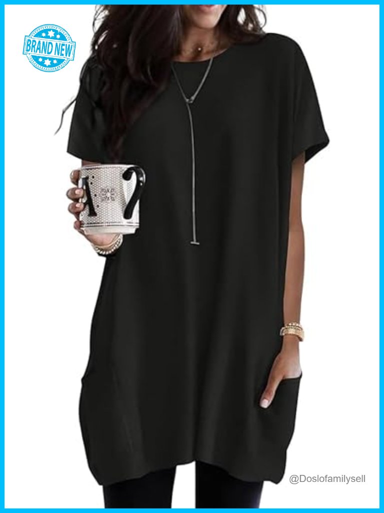 Women's Short Sleeve Tunic Top With Pockets Relaxed Fit Rayon Spandex